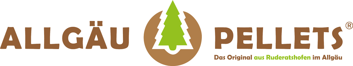 Original Allgäu Pellets Logo, mit Text Allgäu Pellets, Claim Das Original aus Ruderatshofen im Allgäu und in der Mitte mit einem Baum.