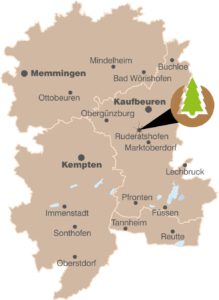 Vertriebskarte von Allgäu Pellets mit markiertem Betriebsstandort.