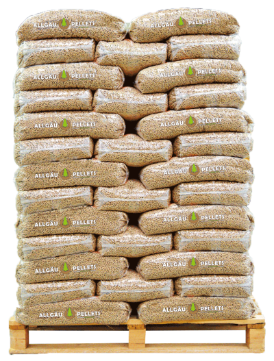 Eine Palette voll Sackware von Allgäu Pellets.