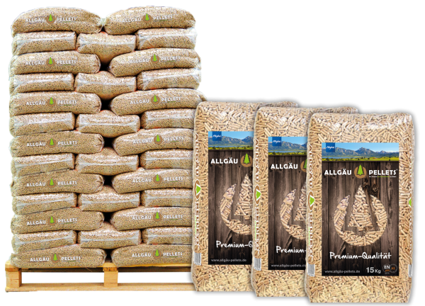 Allgäu Pellets Sackware auf einer Palette.